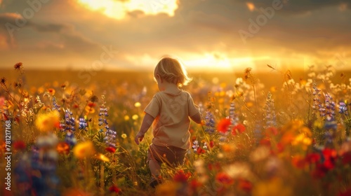 Child running through a field of wildflowers, sunset in the background