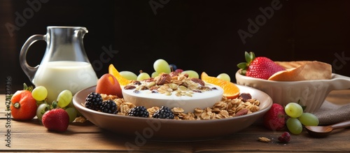 Bowl of mixed cereal, fruit...