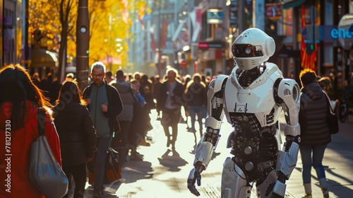 AI robot in a busy urban setting, interacting with people, showcasing a blend of human and robotic elements