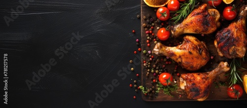 Wooden board with chicken a...