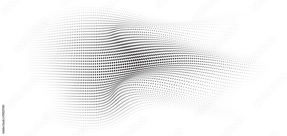 Flowing Wave Dot Halftone Pattern: Curve Gradient Shape on Transparent Background. Suitable for AI, Tech, Network, Digital, Science, and Technology Themes. Flowing Wave Dot Halftone Pattern: Curve Gradient Shape on Transparent Background. Suitable for AI, Tech, Network, Digital, Science, and Technology Themes.