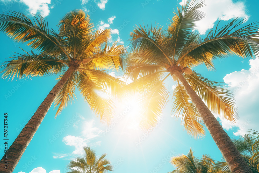 Coconut trees against the sun and sky. Natural tropical background. Summer concept.