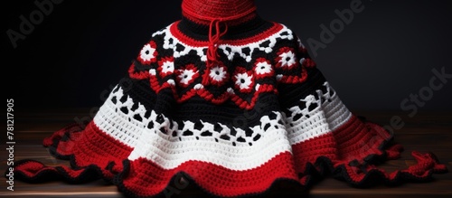 Crocheted red and black pon...