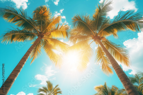 Coconut trees against the sun and sky. Natural tropical background. Summer concept. © oliamogdaleva