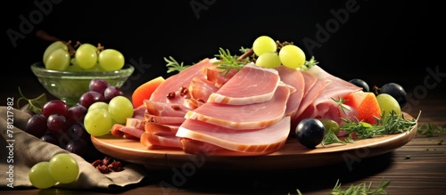 Platter ham grapes wooden t...
