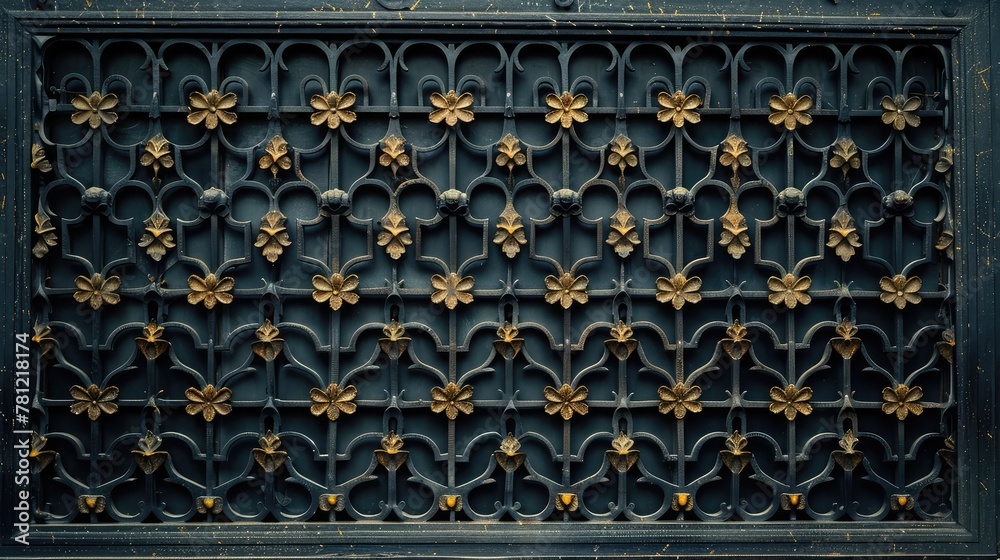 Decorative metal grilles on a historic building, showcasing intricate patterns and craftsmanship on a street facade,