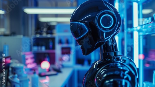Sleek, humanoid AI robot in a futuristic lab, surrounded by advanced technology