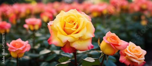 Yellow pink roses amidst lu...