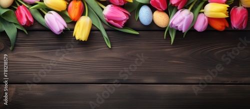 Colorful Tulips on Wooden Table