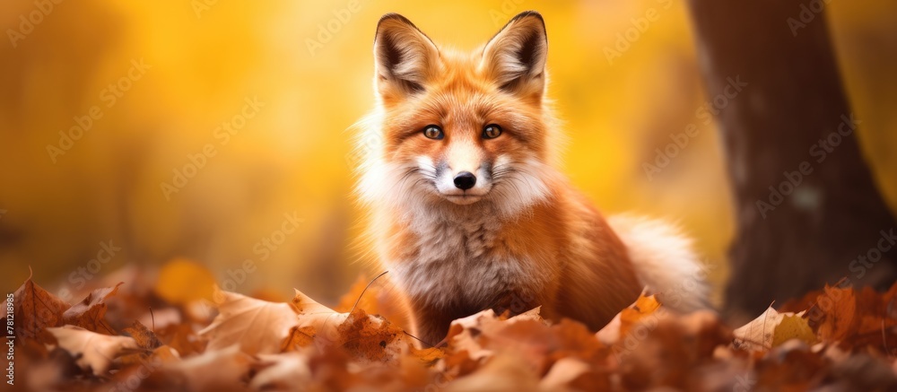 Fototapeta premium Fox nestled in autumn leaves