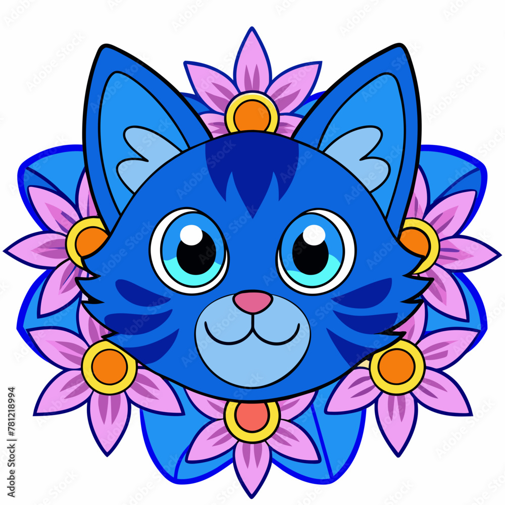 Bluewing kawaii vector cat head with superimposed