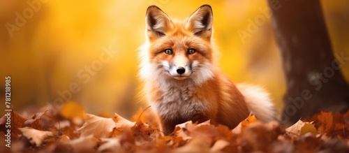 Fox nestled in autumn leaves © vxnaghiyev