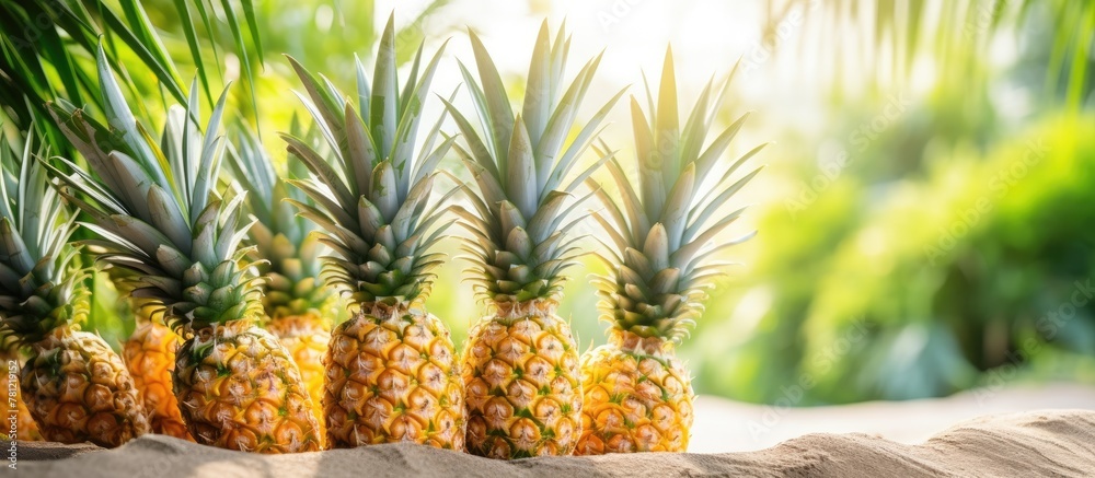 Pineapples lined up on sandy beach Pineapples lined up on sandy beach