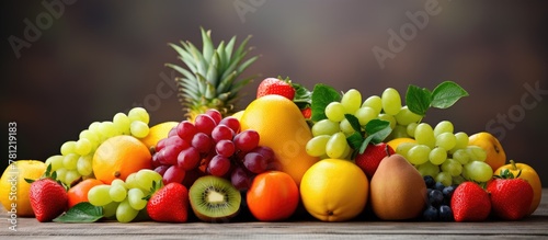 Heap of various fruits on wooden table