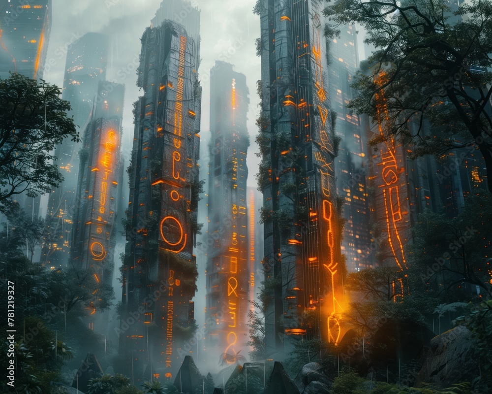 Mystical Artifact, Power, Harnessing ancient magic in a digital age, A forest filled with glowing runes amidst skyscrapers, Rain, Golden hour Mystical Artifact, Power, Harnessing ancient magic in a digital age, A forest filled with glowing runes amidst skyscrapers, Rain, Golden hour