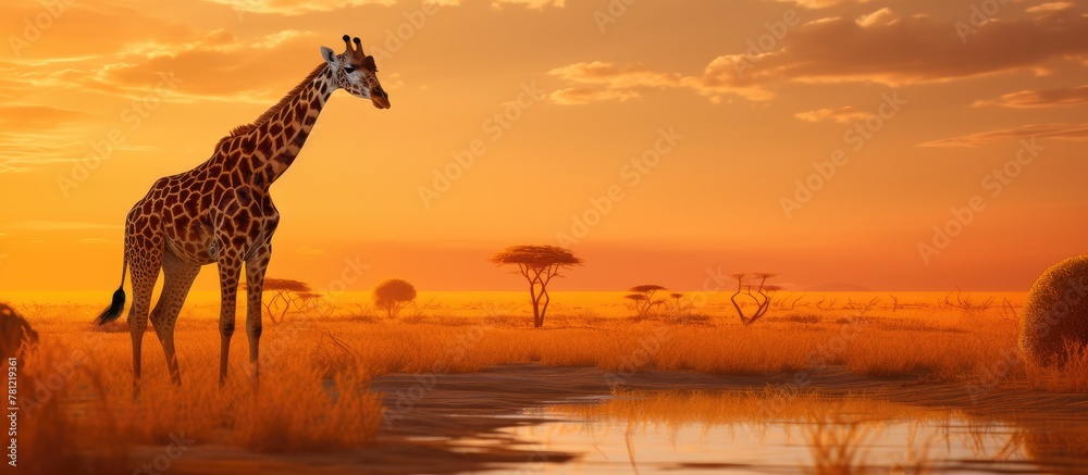 Fototapeta premium Giraffe in meadow by water