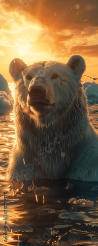Polar bear, arctic ice, endagered species, observing a fleet of drones releasing reflective particles into the atmosphere to delay global warming, golden hour, lens flare photo
