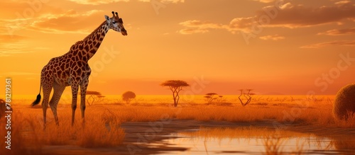 Giraffe in meadow by water