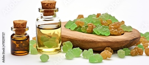 Green gummy bears and bottl...
