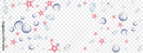 Navy Starfish Background Transparent Vector. Seashell Maritime Graphic. Coastal Textile Card. Orange Clam Abstract Wallpaper. Gray Scallop.