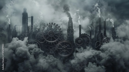 industrial era gears, making its way through a smoky Victorian cityscape, under dark skies Realistic, silhouette lighting, with a touch of steampunk aesthetic photo