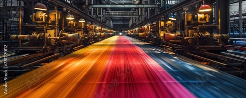 clattering machines, churning out colorful fabrics in a blur of motion Realistic, golden hour lighting, capturing the essence of the Industrial Revolution photo