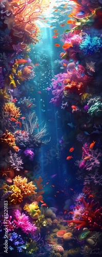 Coral reef  fractal patterns  teeming with marine life  vibrant colors  oceanography  realistic illustration  sunlight  chromatic aberration