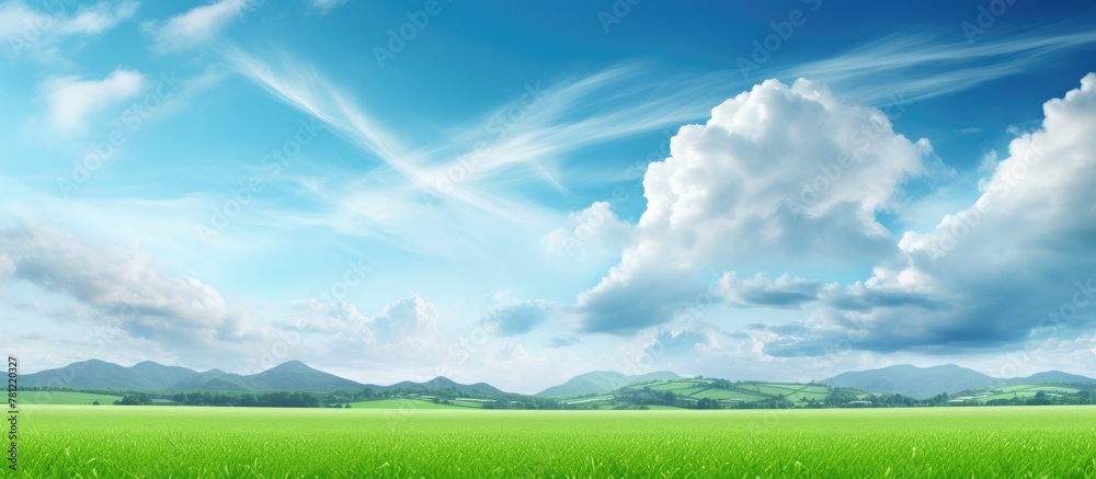 Green field with distant mountains and cloudy sky Green field with distant mountains and cloudy sky