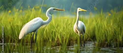 Two white birds perched on ...