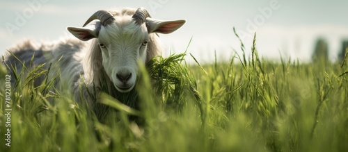 Goat grazing tall grass