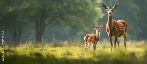Two deer in a field with fo...