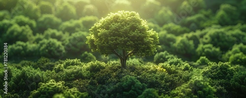Tree, leaves, natures beauty, standing tall in a forest treated with genetically engineered trees that absorb excess carbon dioxide, realistic, sunlight, bokeh effect
