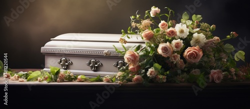 Close up of table with casket and flowers