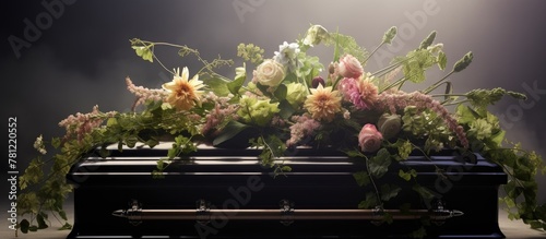 Black casket adorned with flowers and a glowing light