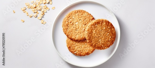 Plate of oatmeal cookies on white surface