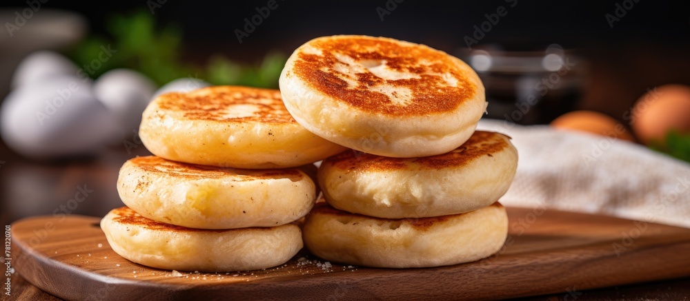A stack of flapjacks on a wooden board A stack of flapjacks on a wooden board
