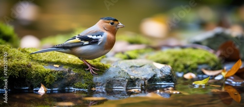Bird perched on rock in water