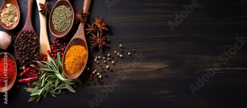Various herbs and spices on dark wood surface