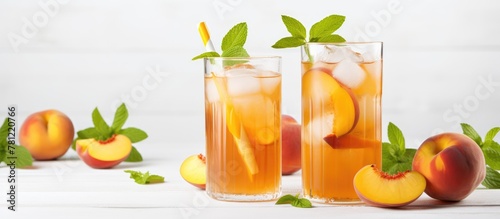 Peachade glasses with ice and mint on white table