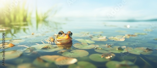 Frog on Lily Pad in Pond