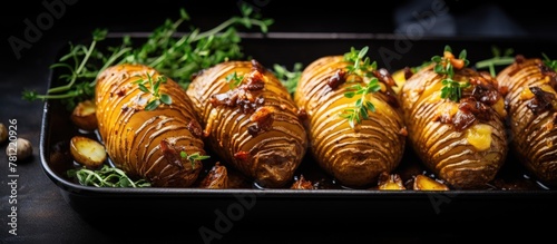 Tray of roasted spuds adorned with sauce and seasoning