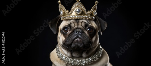 Pug in Crown on Dark Background