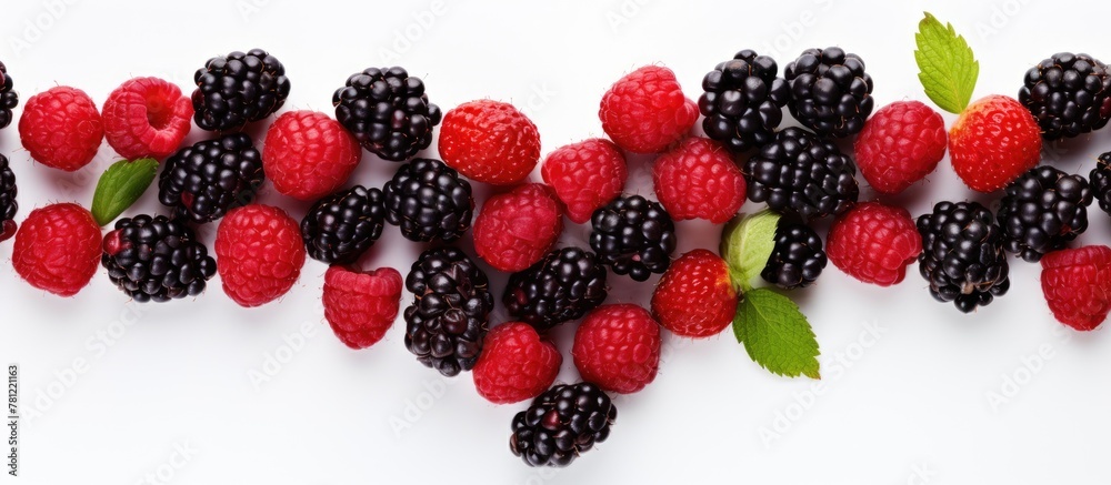 Close-up of fresh raspberries with leaves