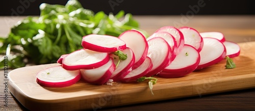 Sliced radishes and greens ...