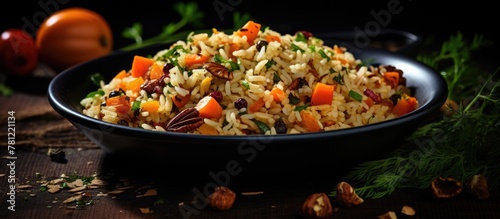 Bowl of rice with carrots and nuts on table