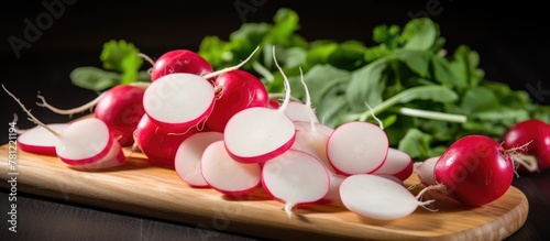 Fresh radishes sliced on cu...
