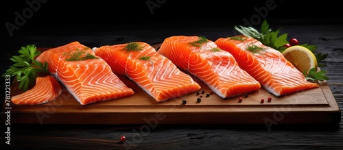 Salmon and parsley on cutting board