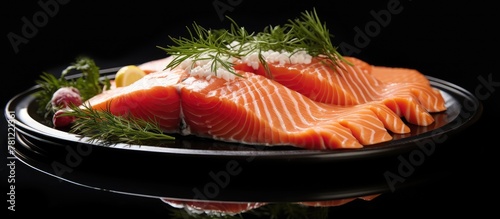 Fresh salmon on black plate