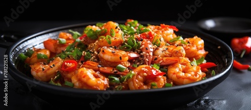 Bowl of shrimp and vegetables