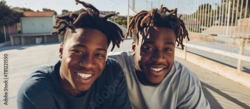 Two guys with dreadlocks smile on skateboard photo
